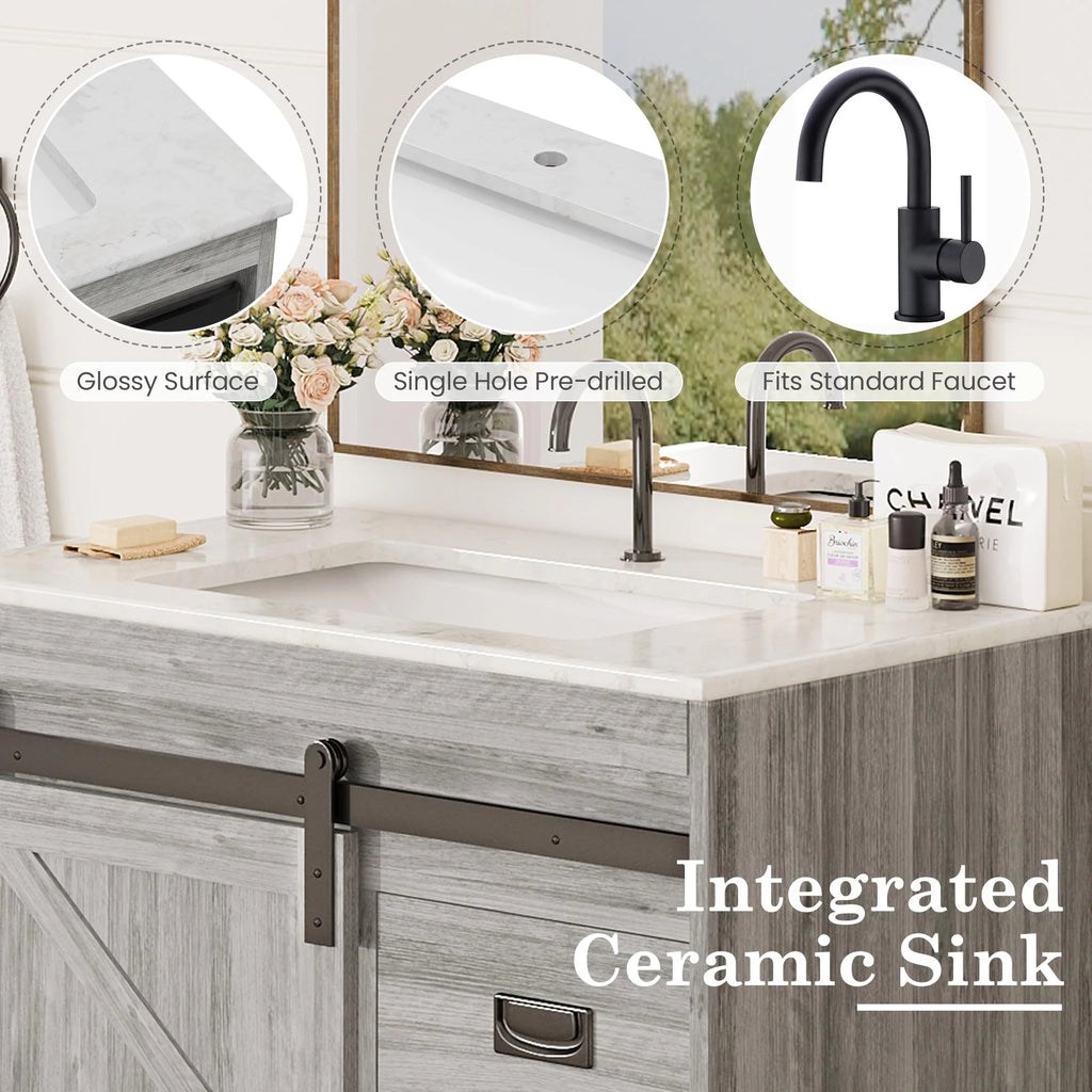 Farmhouse Bathroom Vanity with Ceramic Top and Sliding Barn Door Sink Cabinet, Rustic Single Sink Vanity