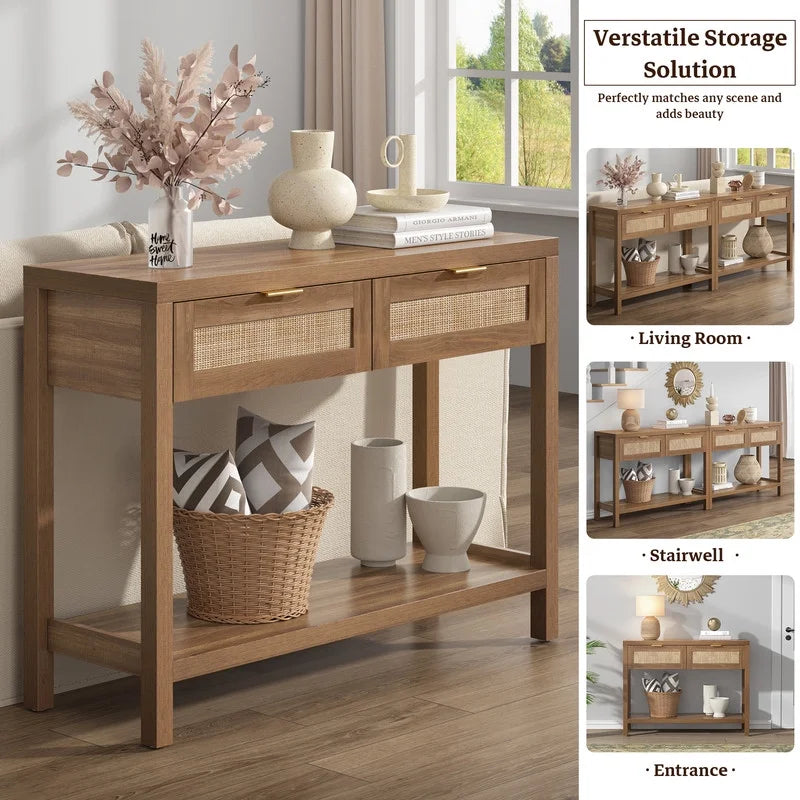 Rattan Console Table with Drawers & Open Storage Shelf