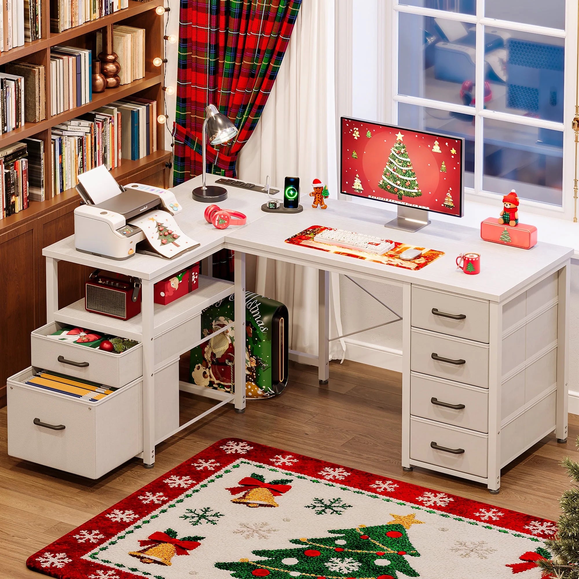 55 Inch Computer Desk with 5 Drawers and File Cabinet for Storage, Office Desk with Storage Shelf & Power Outlets, Home Office Desks, White