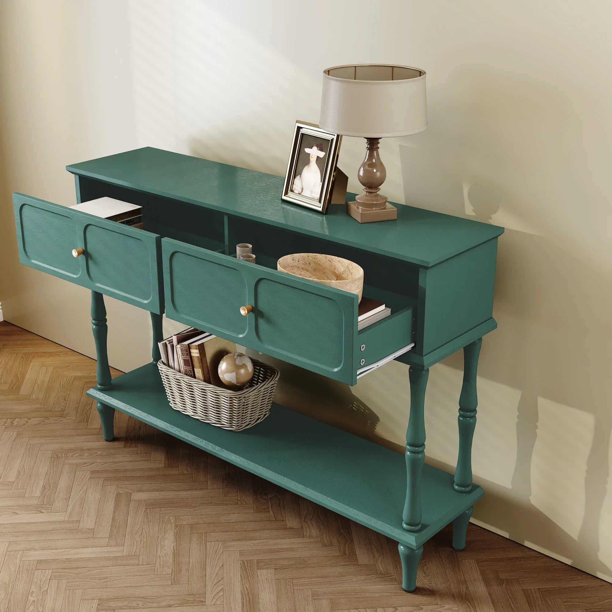 47" Mid Century Console Table, Aged Finish Entryway Table with Storage Shelf for Hallway, Green