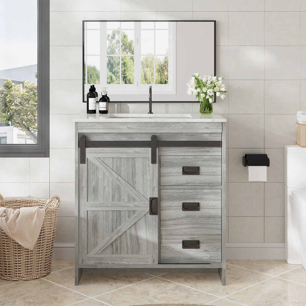 Farmhouse Bathroom Vanity with Ceramic Top and Sliding Barn Door Sink Cabinet, Rustic Single Sink Vanity