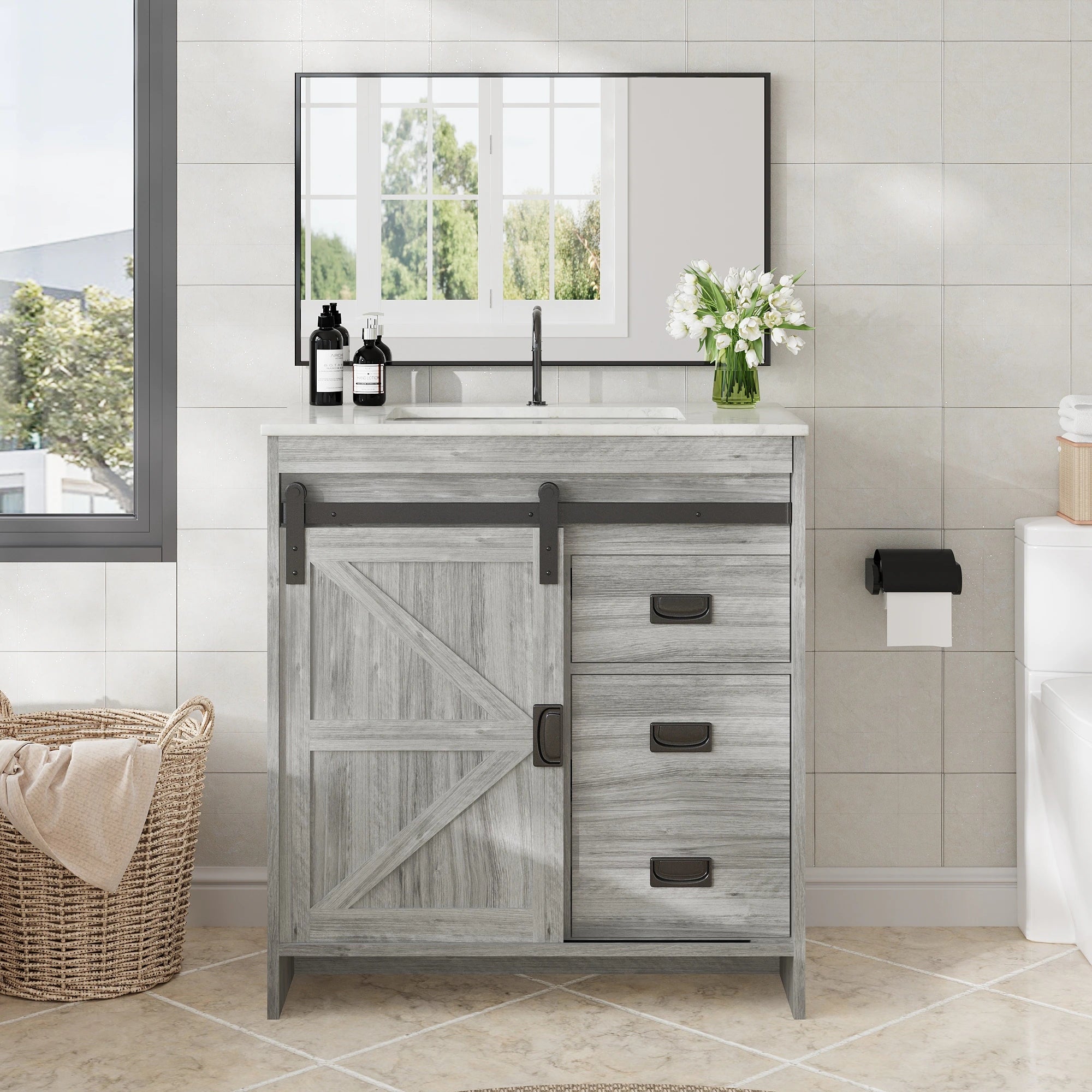 Farmhouse Bathroom Vanity with Ceramic Top and Sliding Barn Door Sink Cabinet, Rustic Single Sink Vanity
