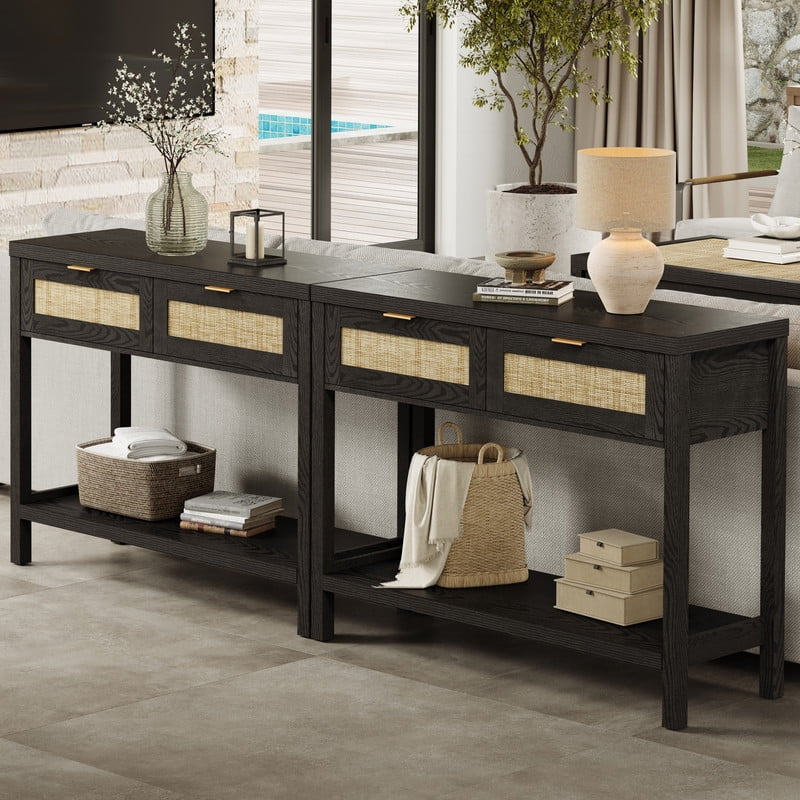 Console Table Set of 2 with 2 Rattan Drawers,Boho Wood Entryway Table Hallway Table Sofa Table with Open Storage Shelf for Living Room,Foyer and Corridor,Black Oak