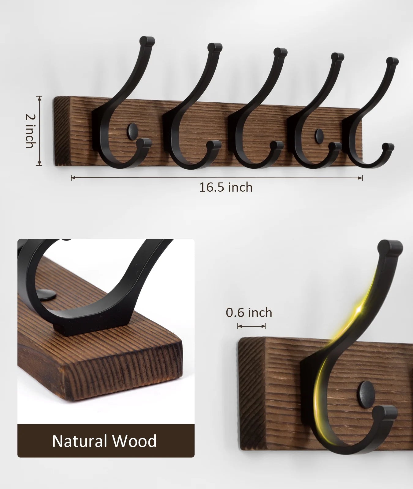 1 Pack Coat Rack Wall Mount, Wood Wall Hooks for Hanging, Wooden Coat Hooks Wall Mount, Entryway Hat Rack Wall Hanger Hooks for Hanging Coat Bag and Towel