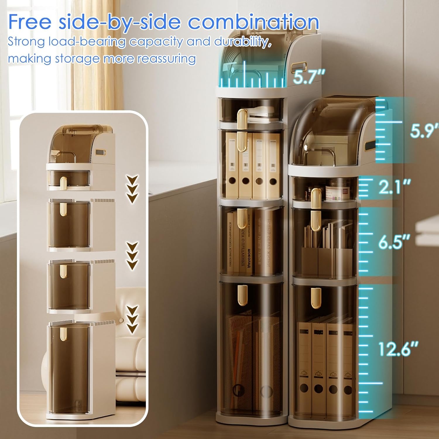 Narrow Bathroom Storage Cabinet 7.1″ Slim Bathroom Floor Organizer with Drawers and Tissue Box Plastic Waterproof Mobile Locker with Wheels for Small Kitchen Laundry Living Room (2Tiers)