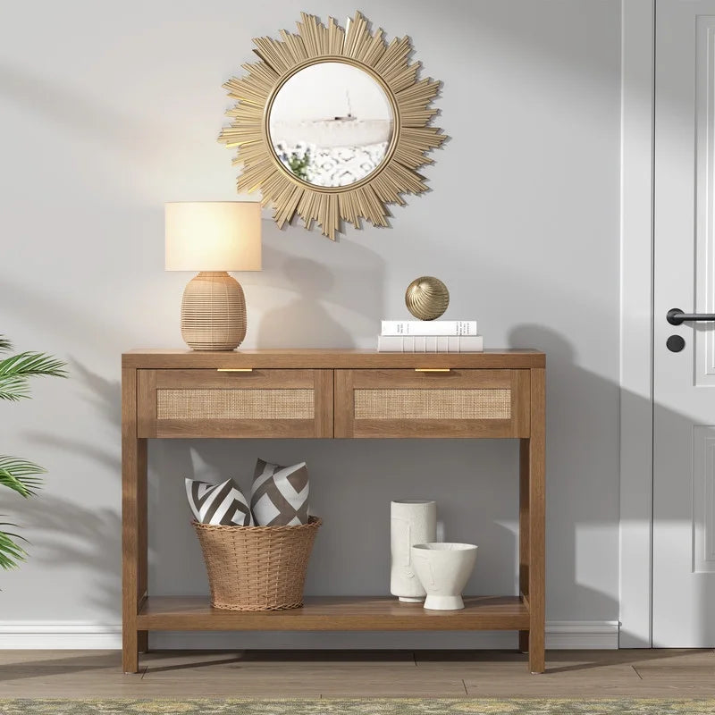 Rattan Console Table with Drawers & Open Storage Shelf