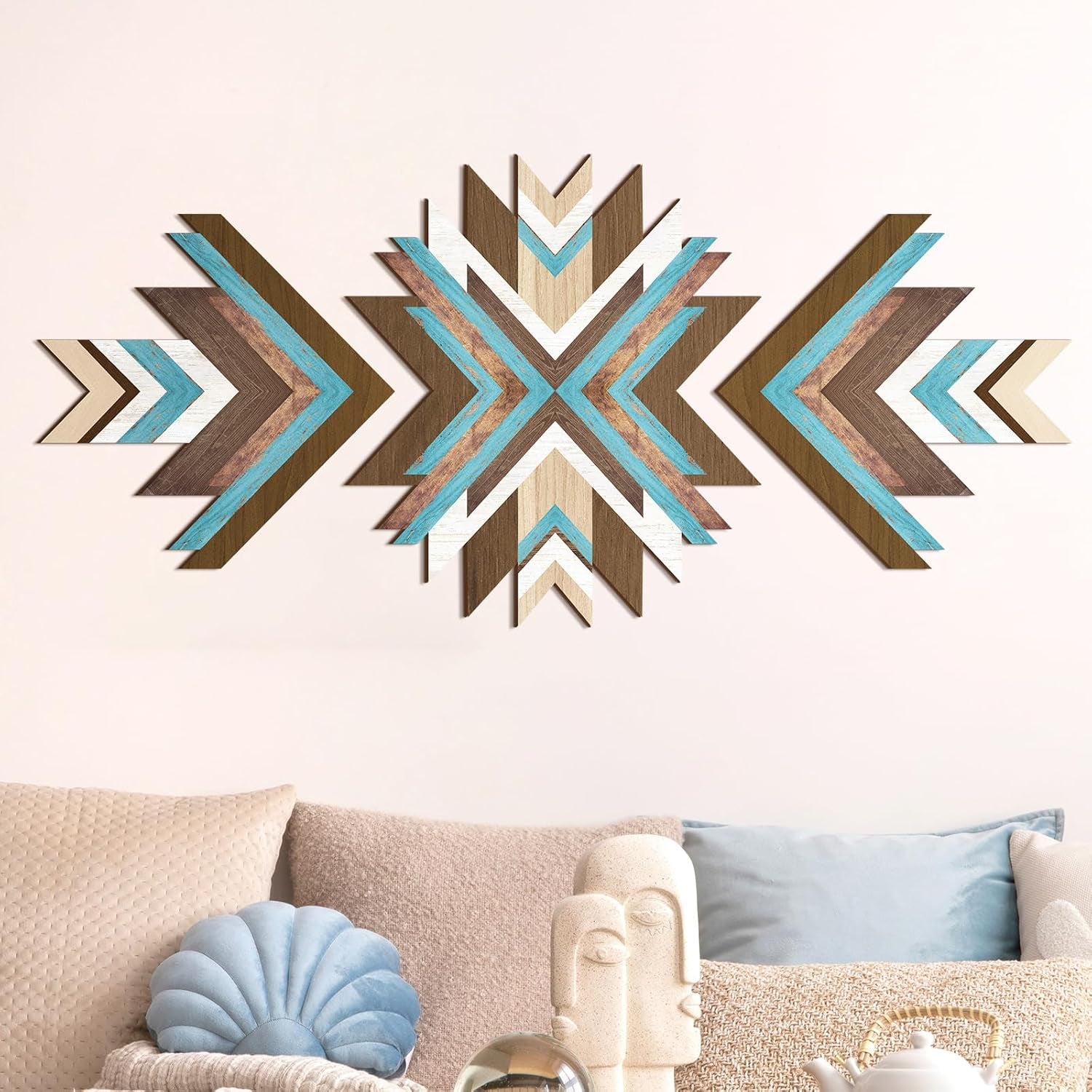 3 Pcs Wooden Western Aztec Wall Decor Southwestern Native American Decor Boho Modern Abstract Art Prints American Boho Bathroom Bedroom Living Room Rustic Home Decoration(Blue)