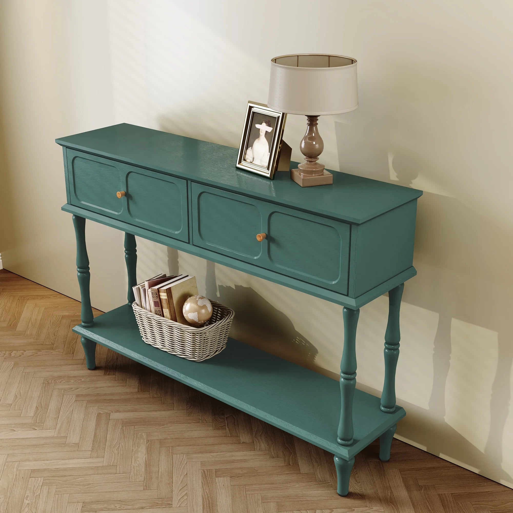 47" Mid Century Console Table, Aged Finish Entryway Table with Storage Shelf for Hallway, Green