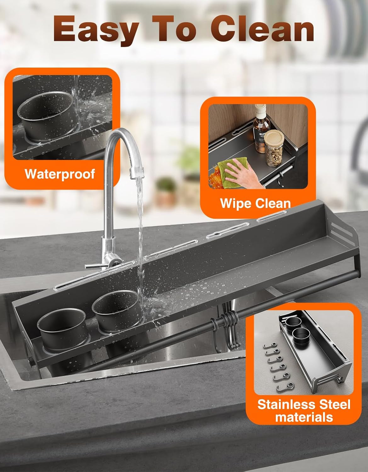 Utensil Hanger, Wall Mounted Kitchen Rail with Hooks, Waterproof Hooks for Kitchen Utensils, Easy Installation without Drilling (23.6 Inches, Cup, 1)