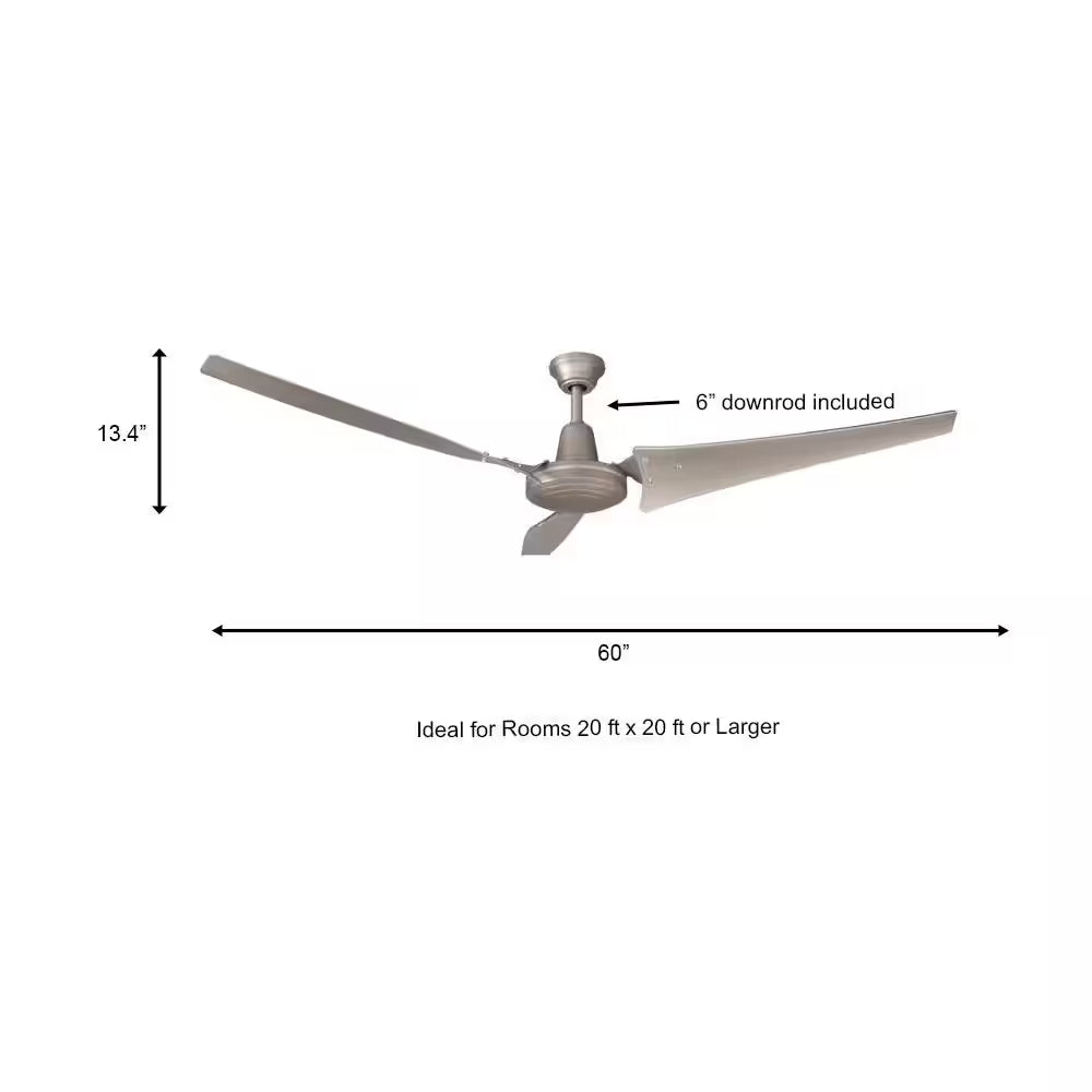 Industrial Ceiling Fan 60 Inch Brushed Steel with Wall Control