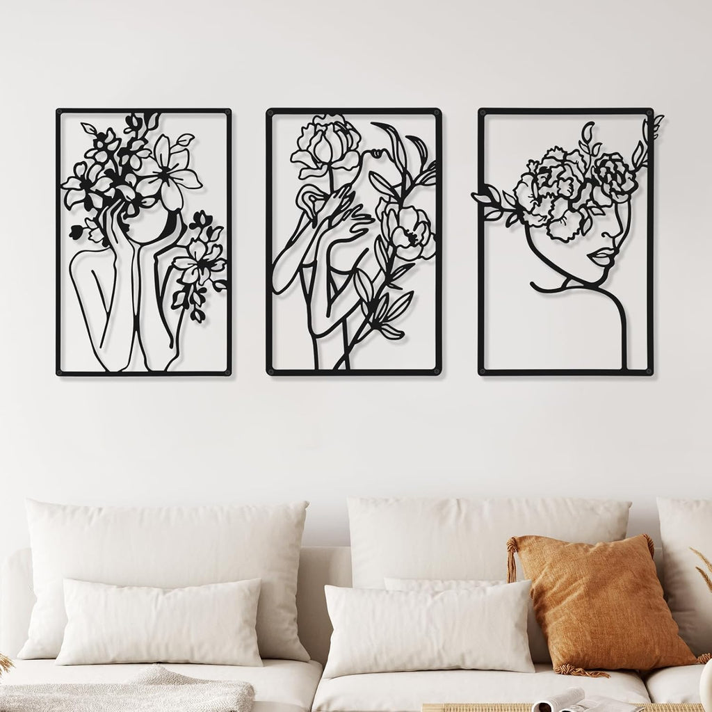 3 Pieces Metal Minimalist Abstract Woman Wall Art Line Drawing Wall Art Decor Single Line Female Home Hanging for Kitchen Bathroom Living Room