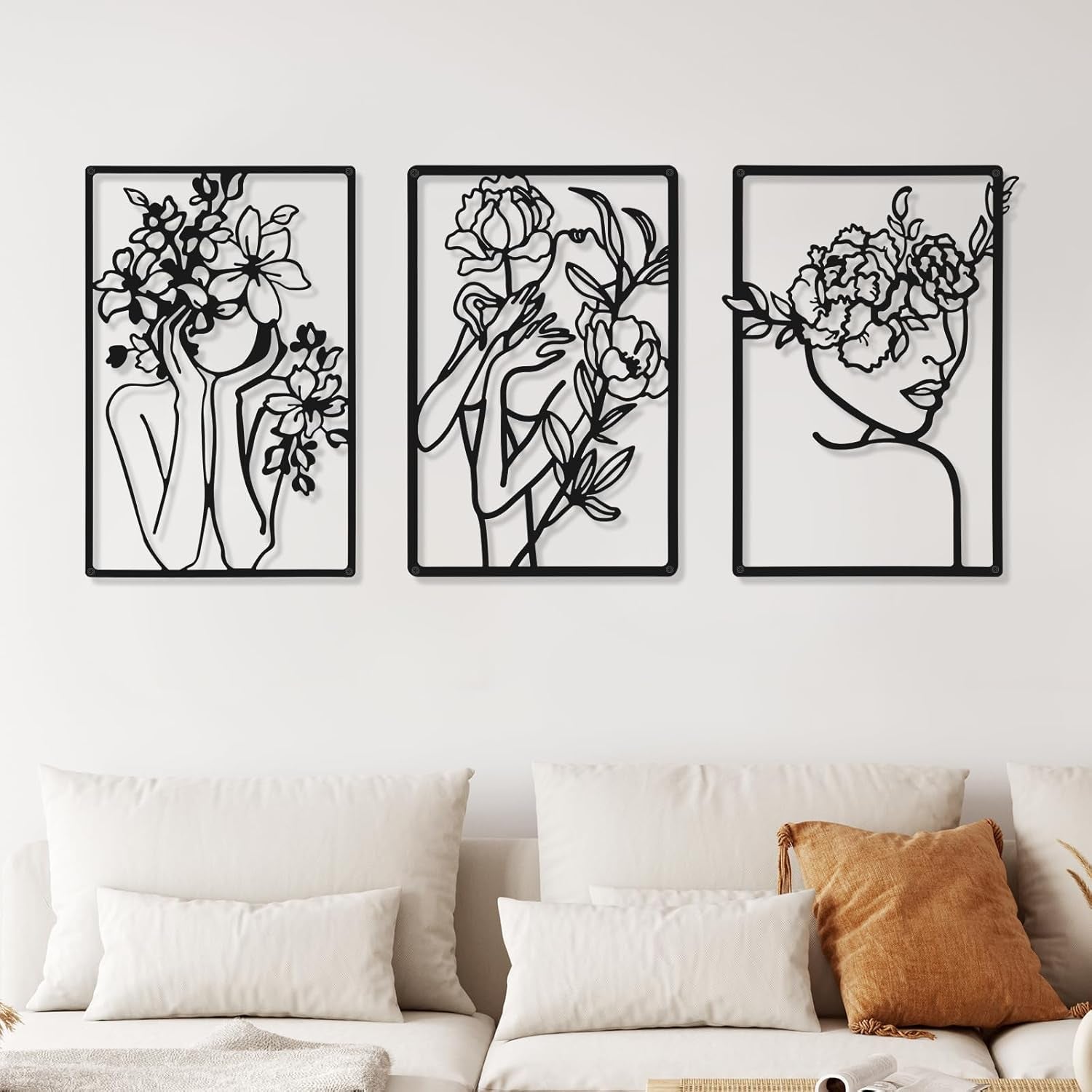 3 Pieces Metal Minimalist Abstract Woman Wall Art Line Drawing Wall Art Decor Single Line Female Home Hanging for Kitchen Bathroom Living Room