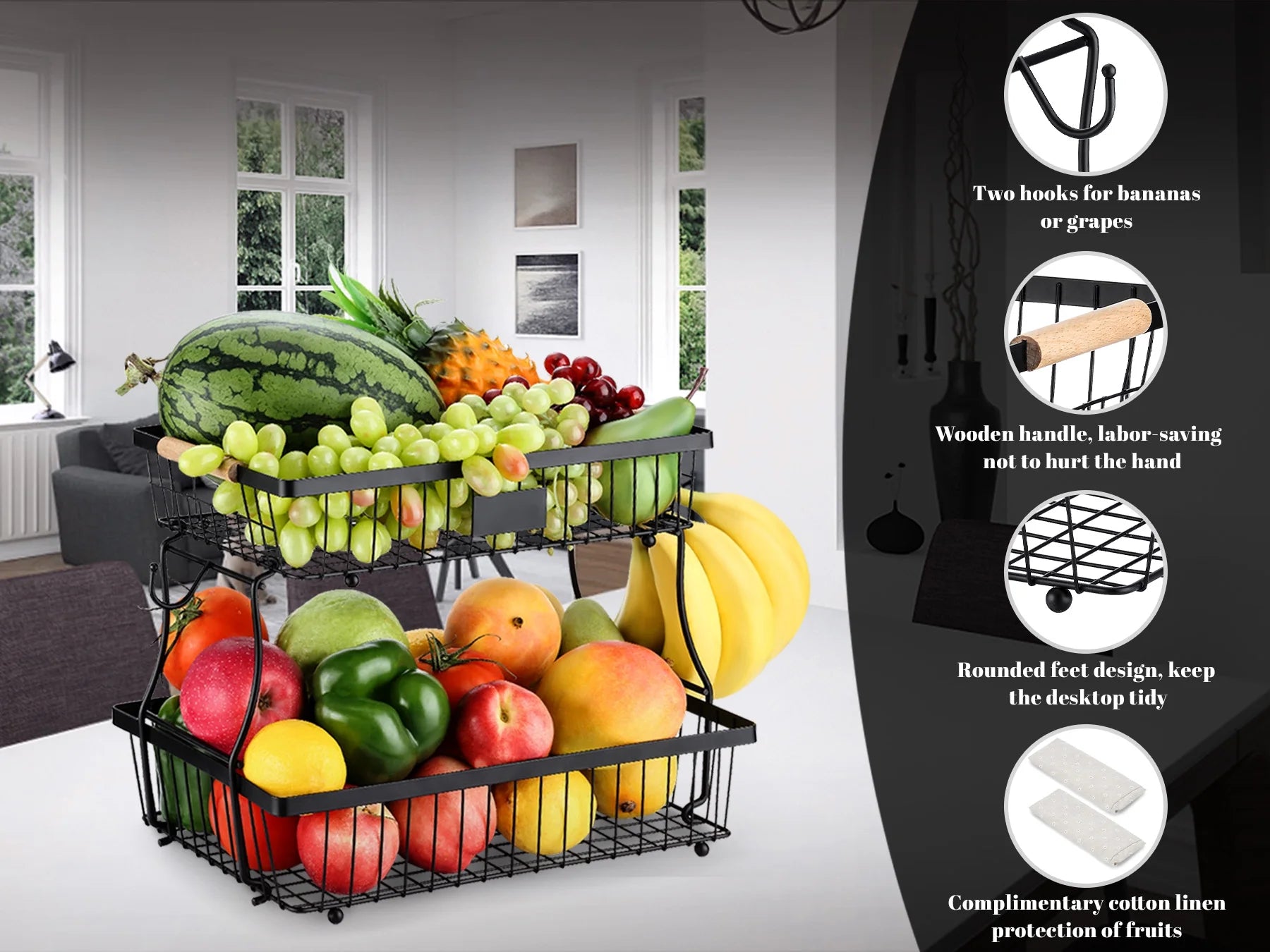 2 Tier Fruit Basket Organizer with Banana Hangers for Kitchen