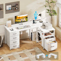 55 Inch Computer Desk with 5 Drawers and File Cabinet for Storage, Office Desk with Storage Shelf & Power Outlets, Home Office Desks, White