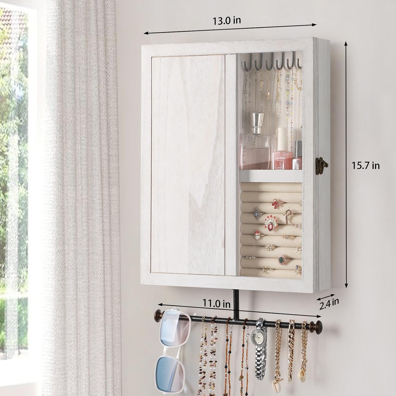Wall Mounted Jewelry Organizer with Rustic Wood Large Space Jewelry Cabinet, Holder, Storage Box for Necklaces, Earrings, Bracelets, Ring Holder, and Accessories White