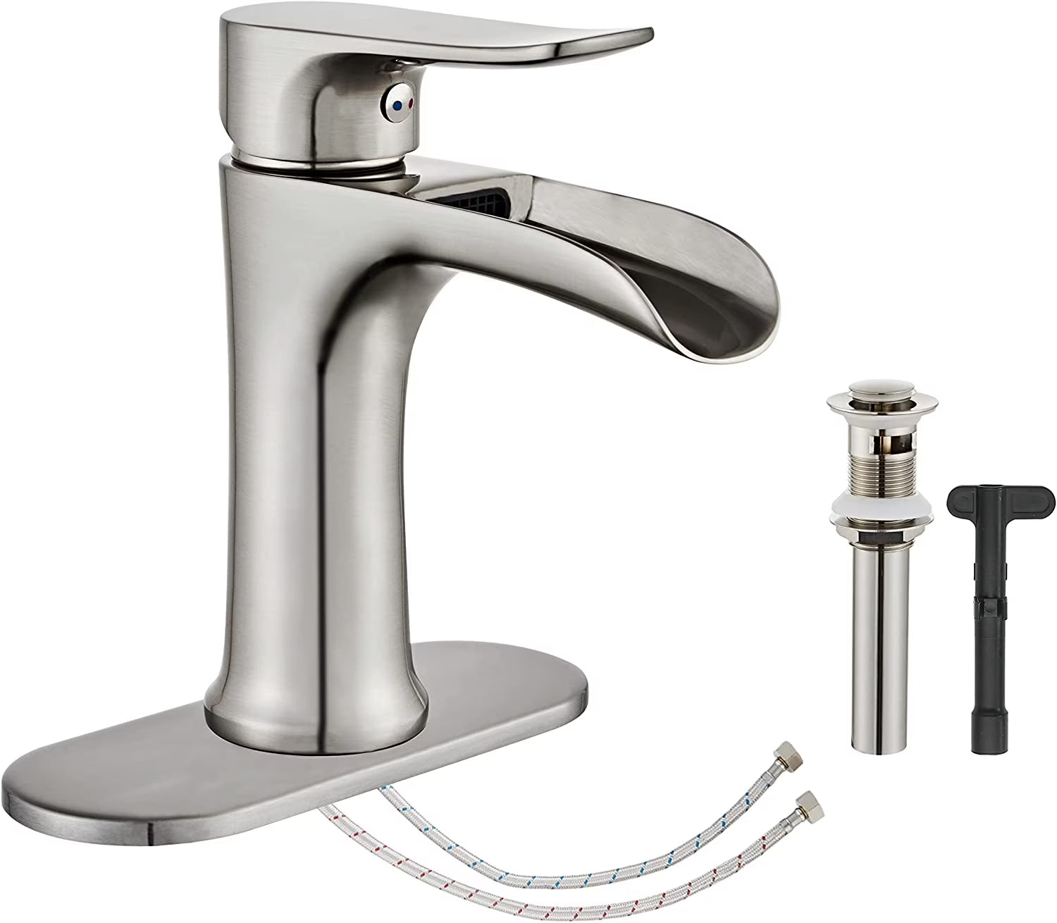 Brushed Nickel Bathroom Faucet,  Waterfall Bathroom Faucet Pop up Drain, Single Hole Bathroom Faucet, Single Handle Bathroom Sink Faucet, Bathroom Faucets Brushed Nickel, Vanity Sink Faucet
