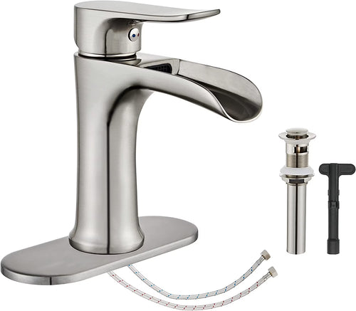 Brushed Nickel Bathroom Faucet,  Waterfall Bathroom Faucet Pop up Drain, Single Hole Bathroom Faucet, Single Handle Bathroom Sink Faucet, Bathroom Faucets Brushed Nickel, Vanity Sink Faucet