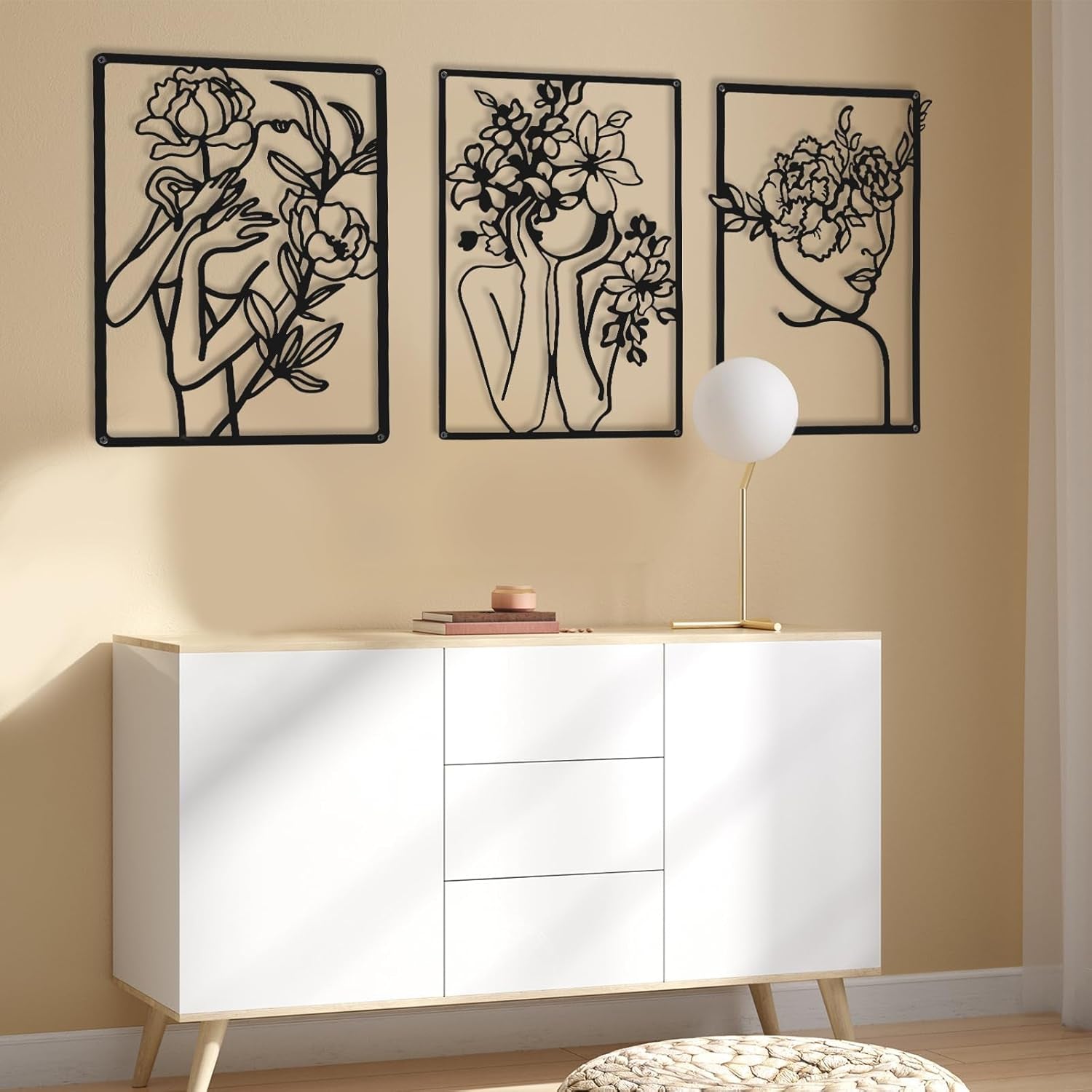 3 Pieces Metal Minimalist Abstract Woman Wall Art Line Drawing Wall Art Decor Single Line Female Home Hanging for Kitchen Bathroom Living Room