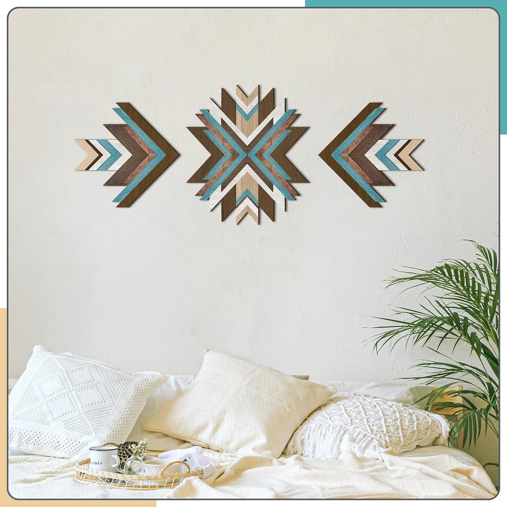 3 Pcs Wooden Western Aztec Wall Decor Southwestern Native American Decor Boho Modern Abstract Art Prints American Boho Bathroom Bedroom Living Room Rustic Home Decoration(Blue)
