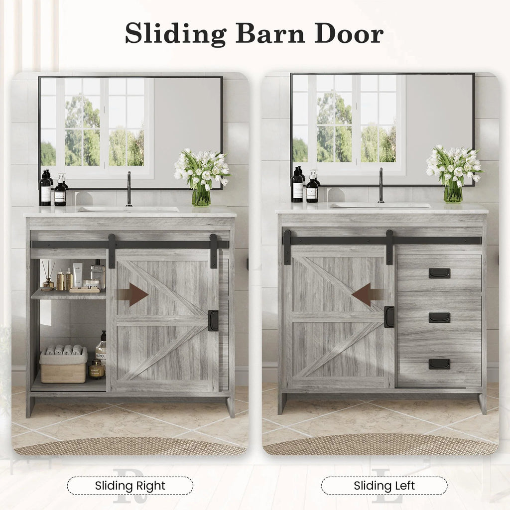 Farmhouse Bathroom Vanity with Ceramic Top and Sliding Barn Door Sink Cabinet, Rustic Single Sink Vanity