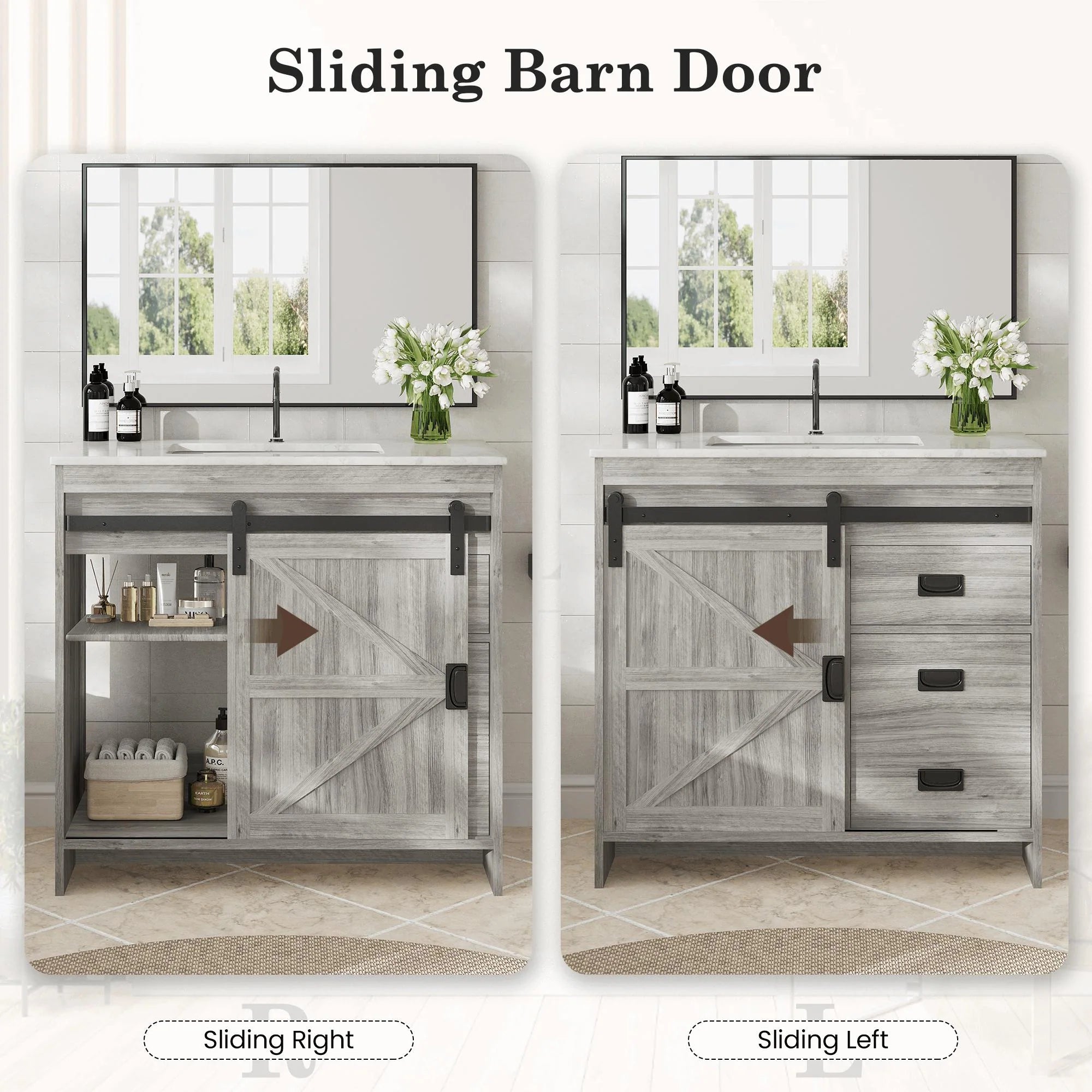 Farmhouse Bathroom Vanity with Ceramic Top and Sliding Barn Door Sink Cabinet, Rustic Single Sink Vanity