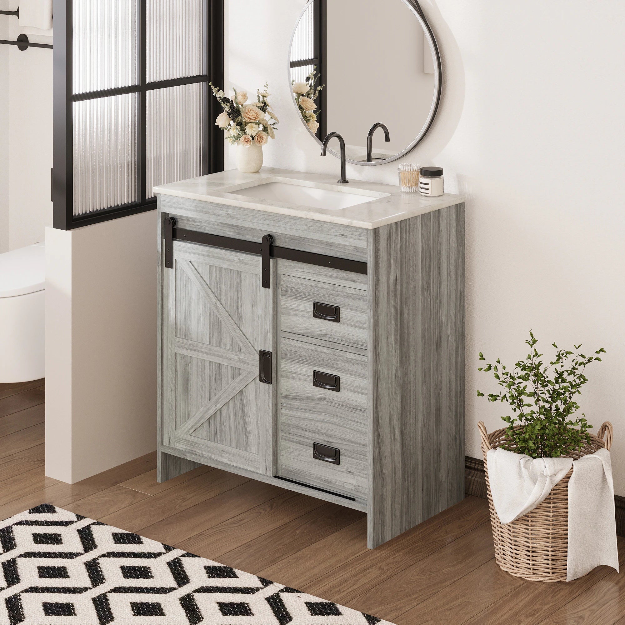 Farmhouse Bathroom Vanity with Ceramic Top and Sliding Barn Door Sink Cabinet, Rustic Single Sink Vanity