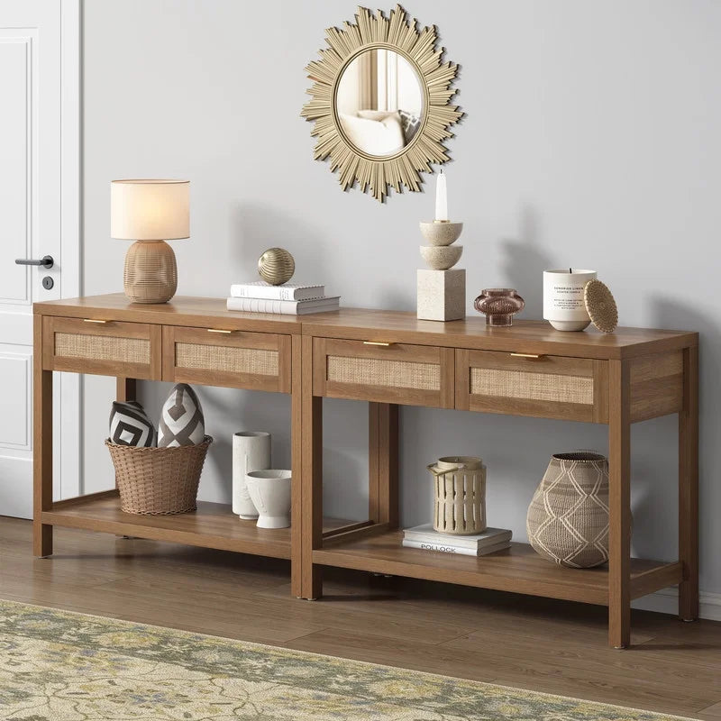 Rattan Console Table with Drawers & Open Storage Shelf