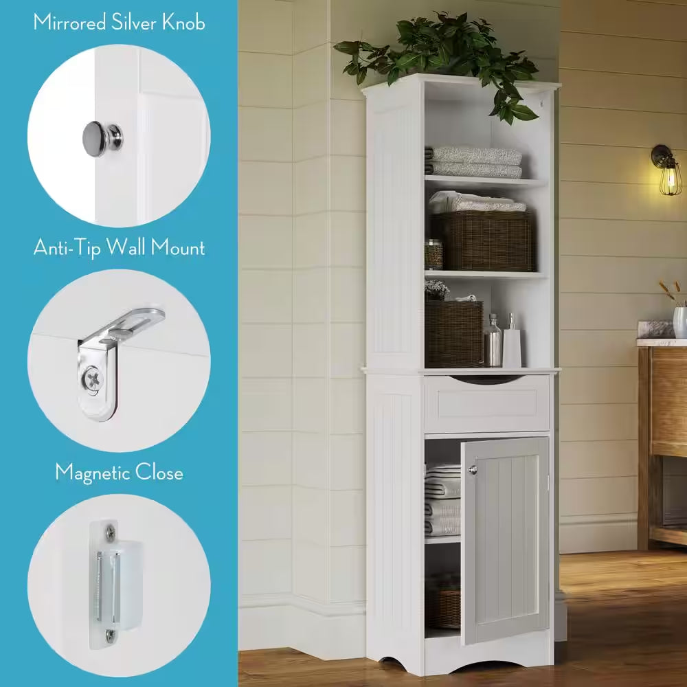 Bathroom Linen Cabinet Tall White Storage Organizer with Drawer