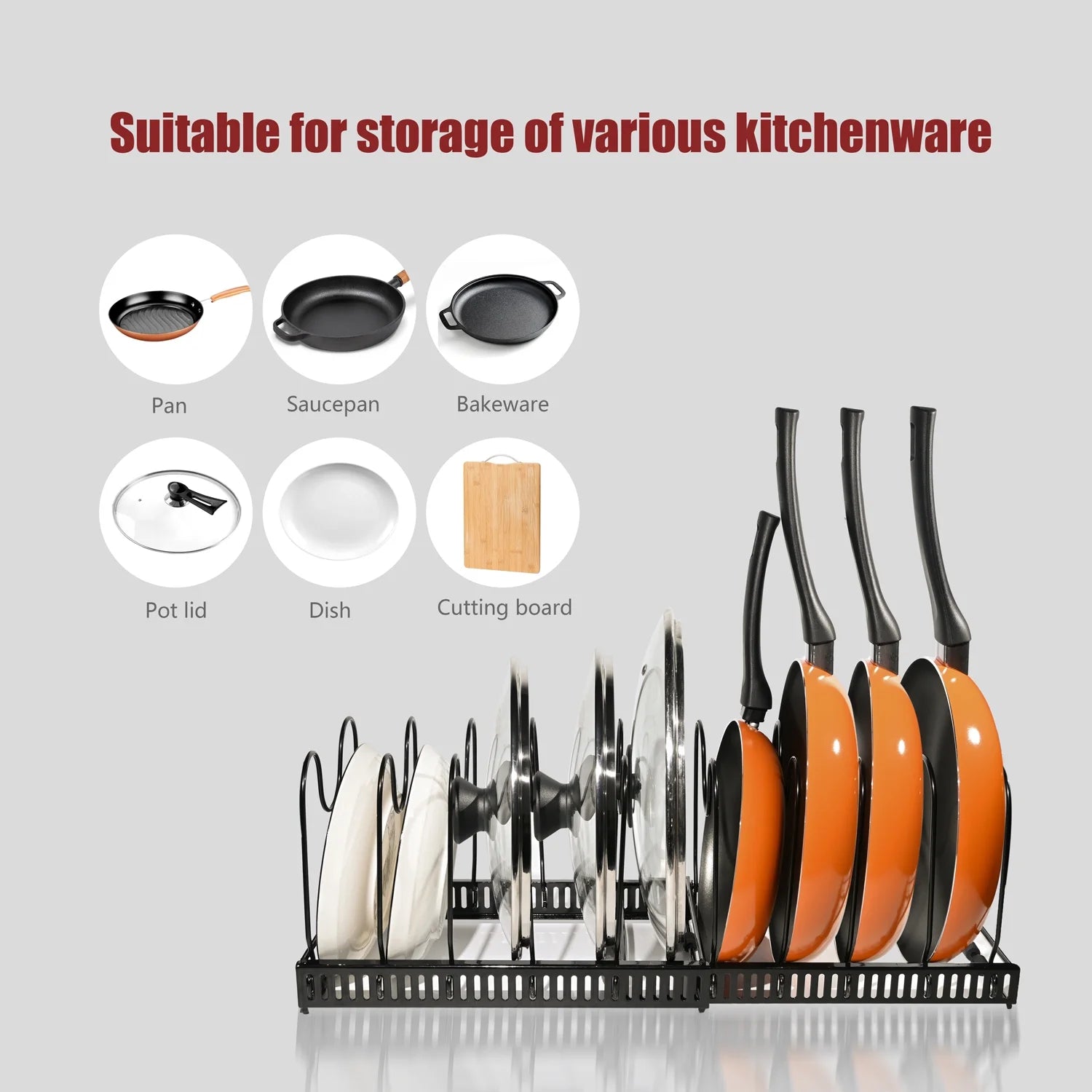 Pot Lid Organizer Rack with 10 Adjustable Compartments