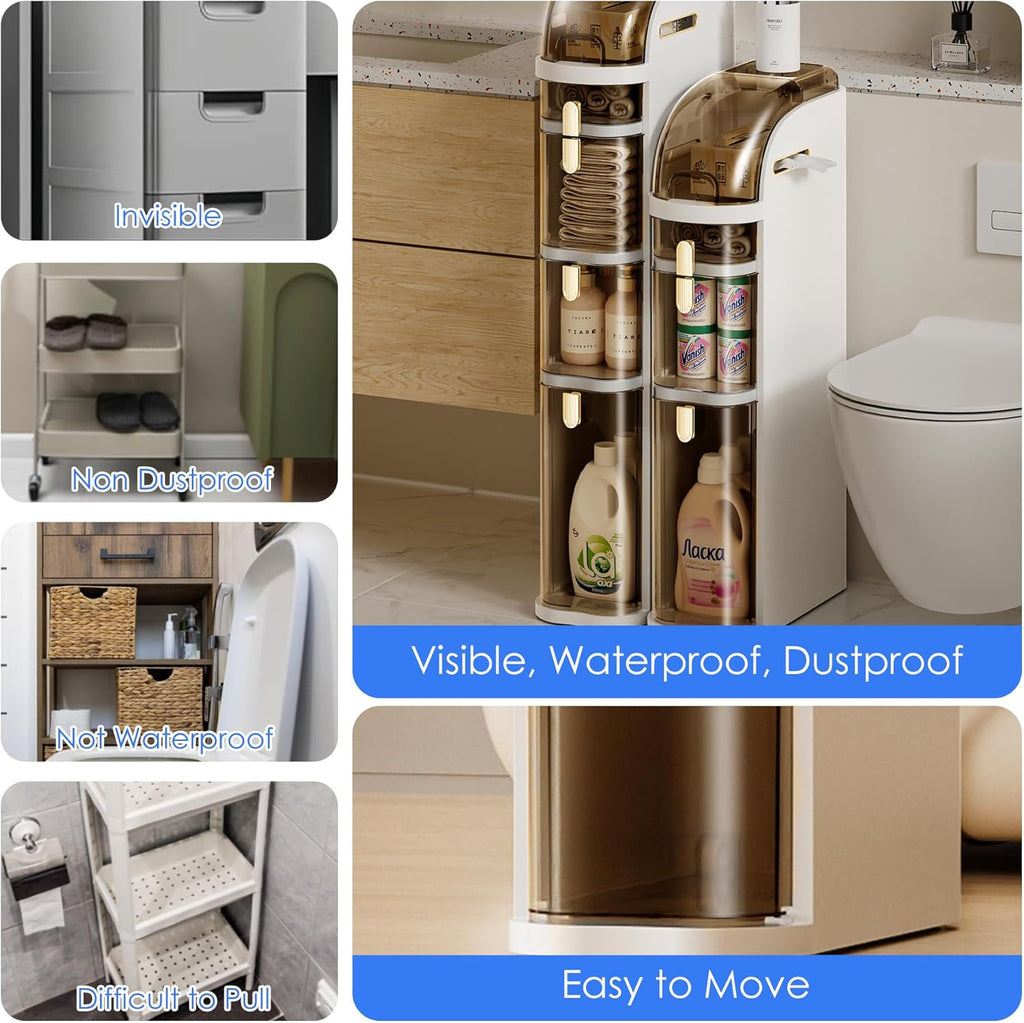 Narrow Bathroom Storage Cabinet 7.1″ Slim Bathroom Floor Organizer with Drawers and Tissue Box Plastic Waterproof Mobile Locker with Wheels for Small Kitchen Laundry Living Room (2Tiers)