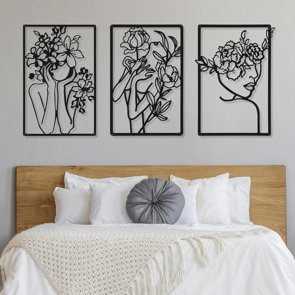 3 Pieces Metal Minimalist Abstract Woman Wall Art Line Drawing Wall Art Decor Single Line Female Home Hanging for Kitchen Bathroom Living Room