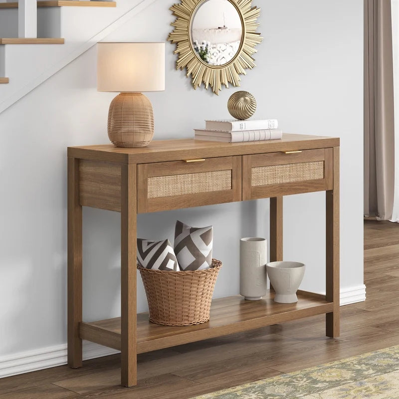 Rattan Console Table with Drawers & Open Storage Shelf