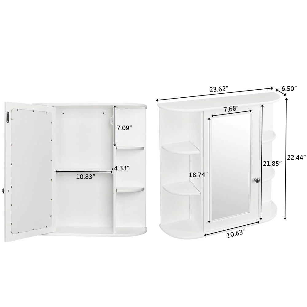 Wooden Bathroom Medicine Cabinet with Mirror Door & 8 Shelves, Wall Mounted Storage Organizer, White