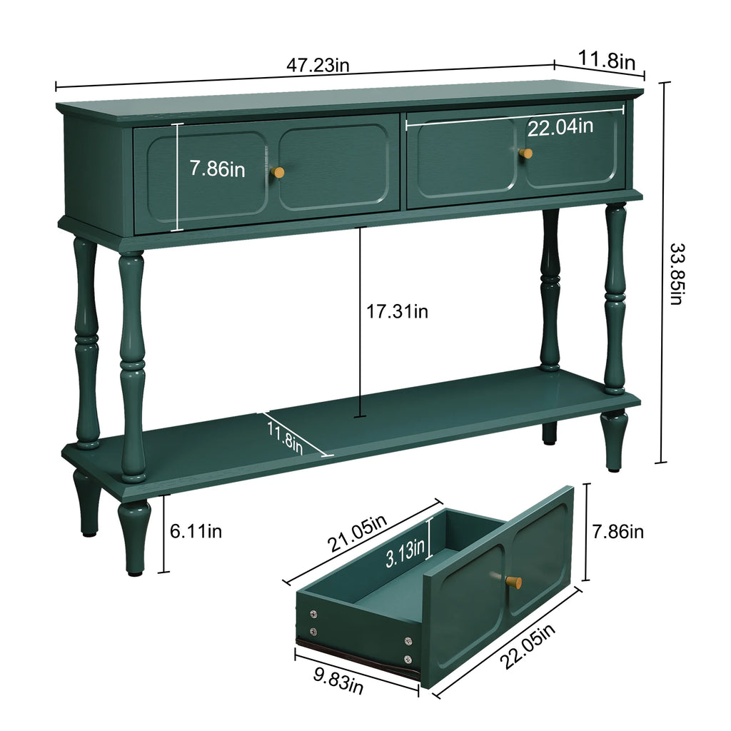 47" Mid Century Console Table, Aged Finish Entryway Table with Storage Shelf for Hallway, Green