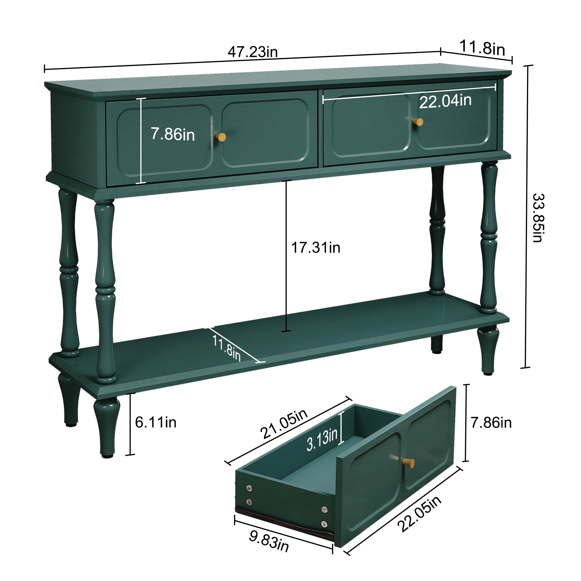 47" Mid Century Console Table, Aged Finish Entryway Table with Storage Shelf for Hallway, Green