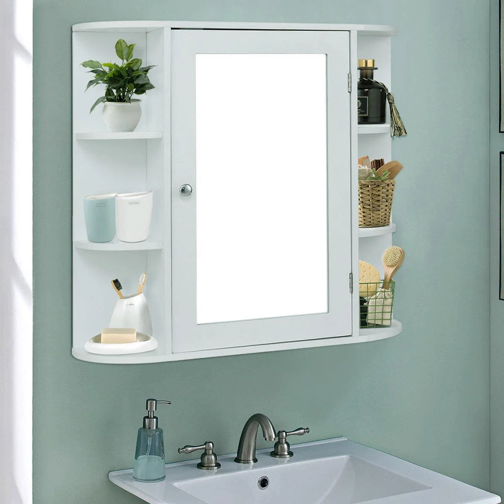 Wooden Bathroom Medicine Cabinet with Mirror Door & 8 Shelves, Wall Mounted Storage Organizer, White