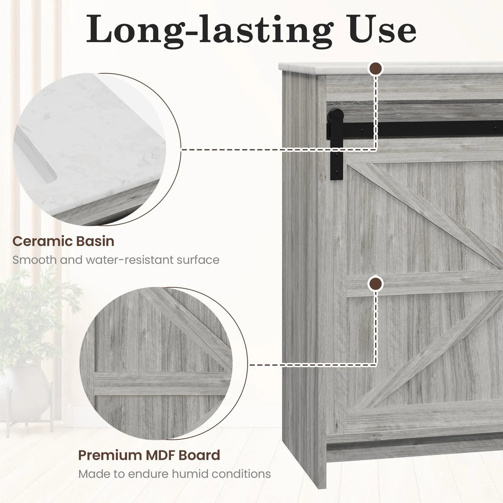 Farmhouse Bathroom Vanity with Ceramic Top and Sliding Barn Door Sink Cabinet, Rustic Single Sink Vanity