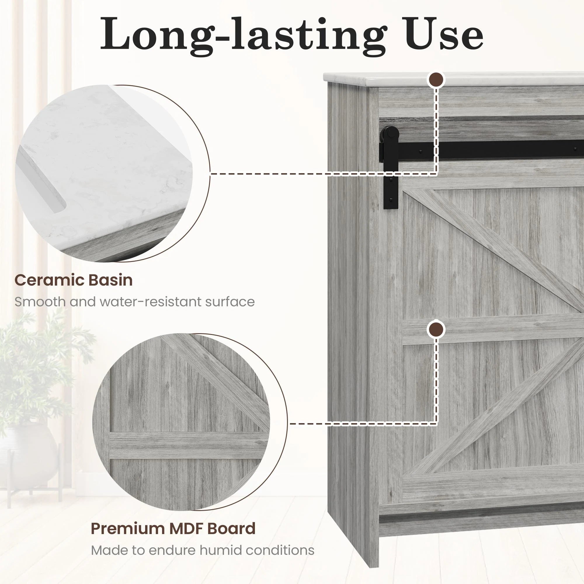 Farmhouse Bathroom Vanity with Ceramic Top and Sliding Barn Door Sink Cabinet, Rustic Single Sink Vanity
