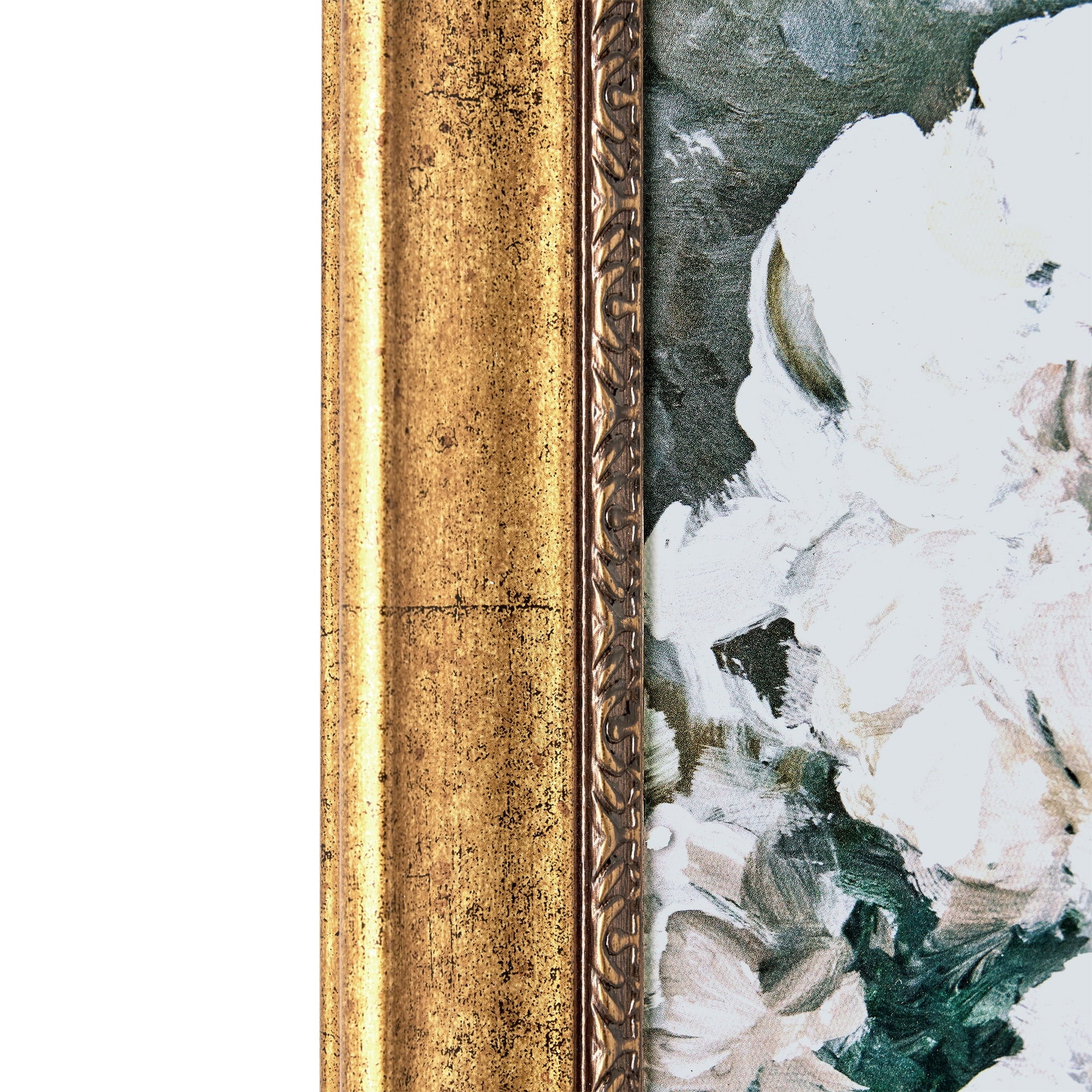 Spring Beauty White Floral Wall Art – Brush Texture Print in Antique Gold Frame – Elegant Flower Art, 16X20