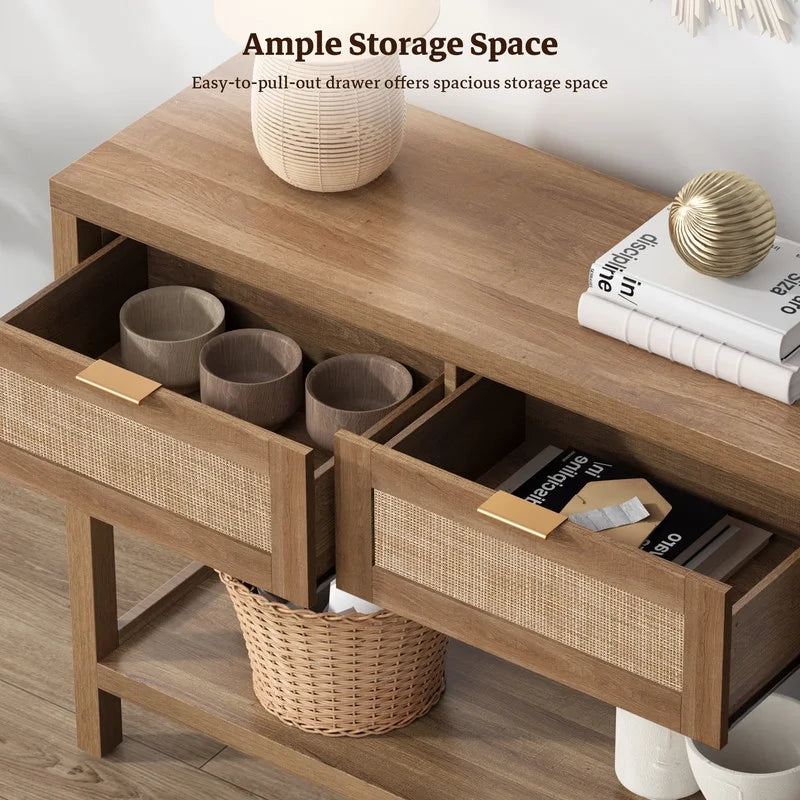 Rattan Console Table with Drawers & Open Storage Shelf