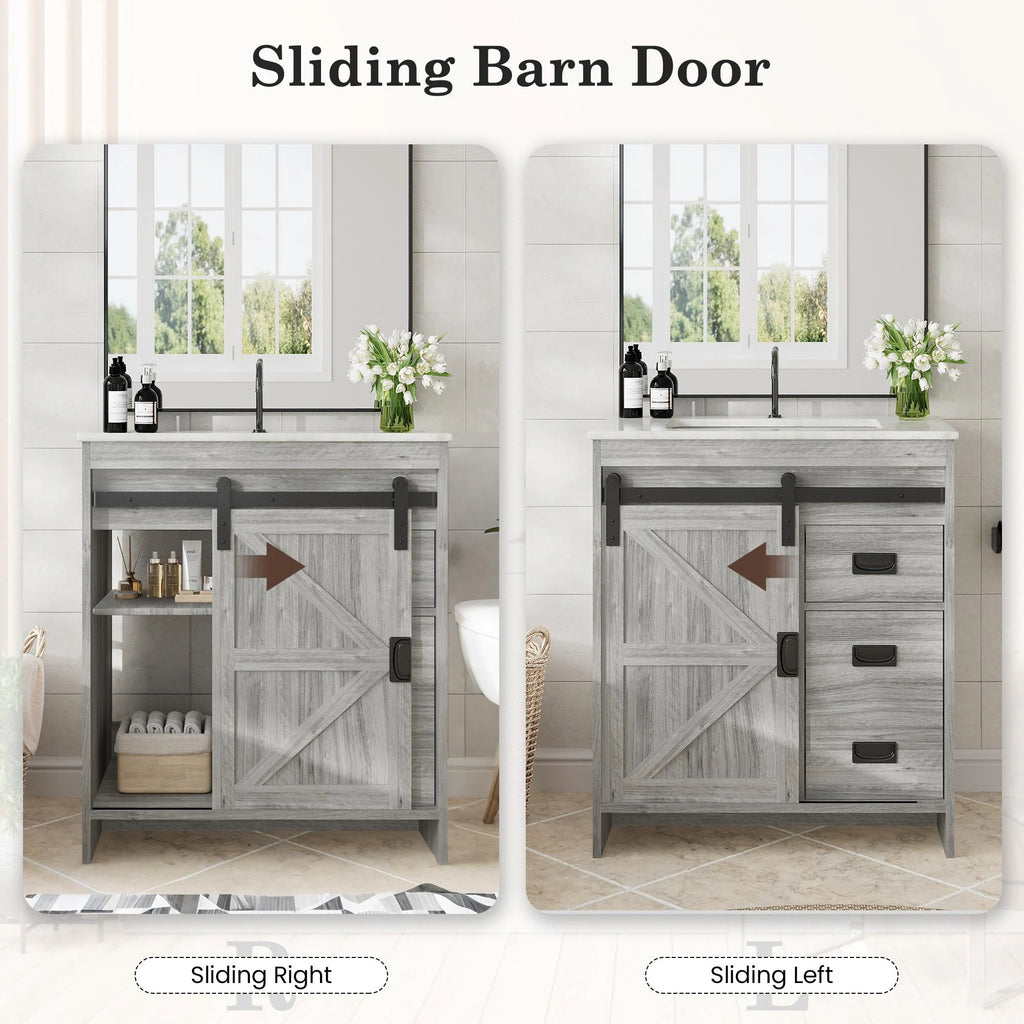 Farmhouse Bathroom Vanity with Ceramic Top and Sliding Barn Door Sink Cabinet, Rustic Single Sink Vanity
