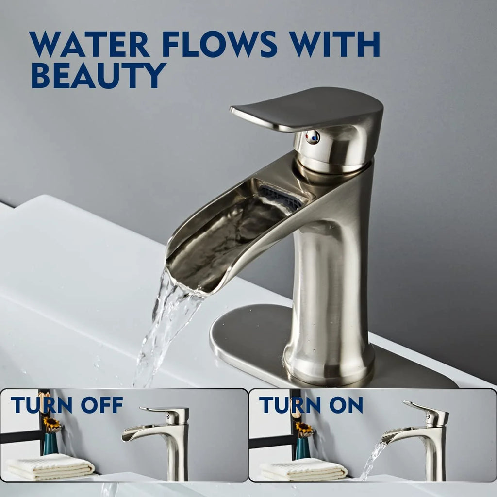Brushed Nickel Bathroom Faucet,  Waterfall Bathroom Faucet Pop up Drain, Single Hole Bathroom Faucet, Single Handle Bathroom Sink Faucet, Bathroom Faucets Brushed Nickel, Vanity Sink Faucet