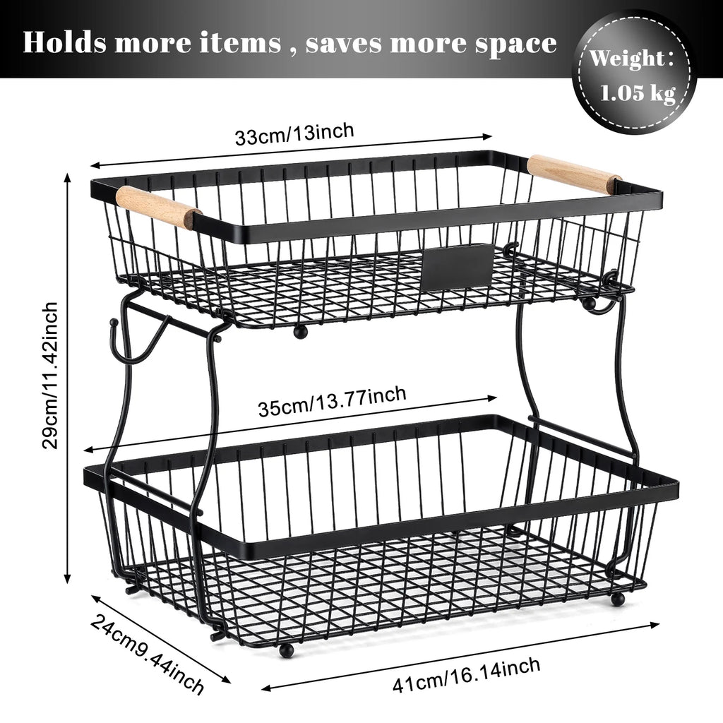 2 Tier Fruit Basket Organizer with Banana Hangers for Kitchen