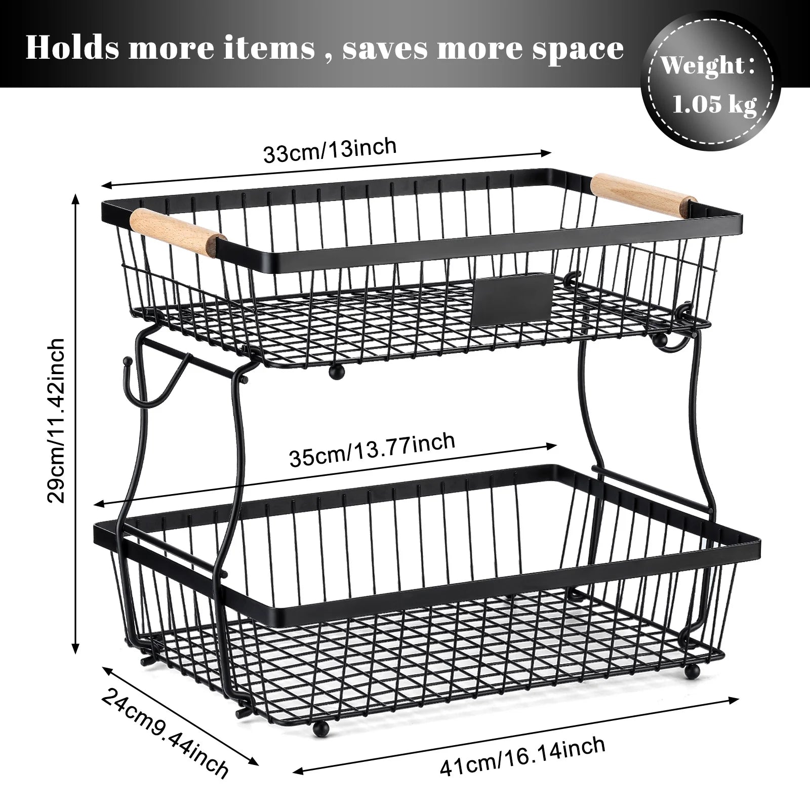 2 Tier Fruit Basket Organizer with Banana Hangers for Kitchen