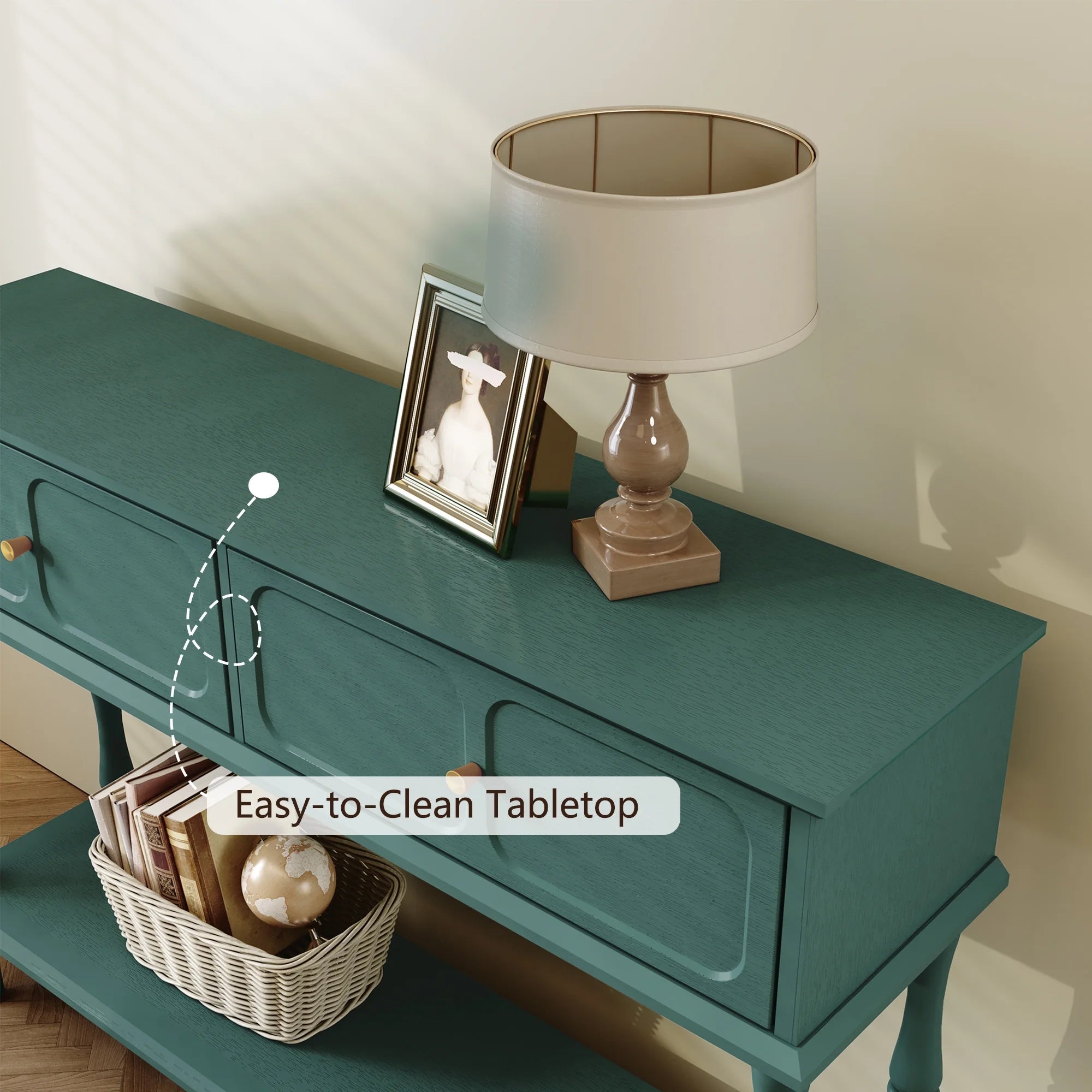 47" Mid Century Console Table, Aged Finish Entryway Table with Storage Shelf for Hallway, Green