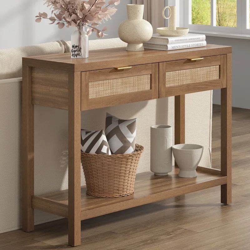 Rattan Console Table with Drawers & Open Storage Shelf