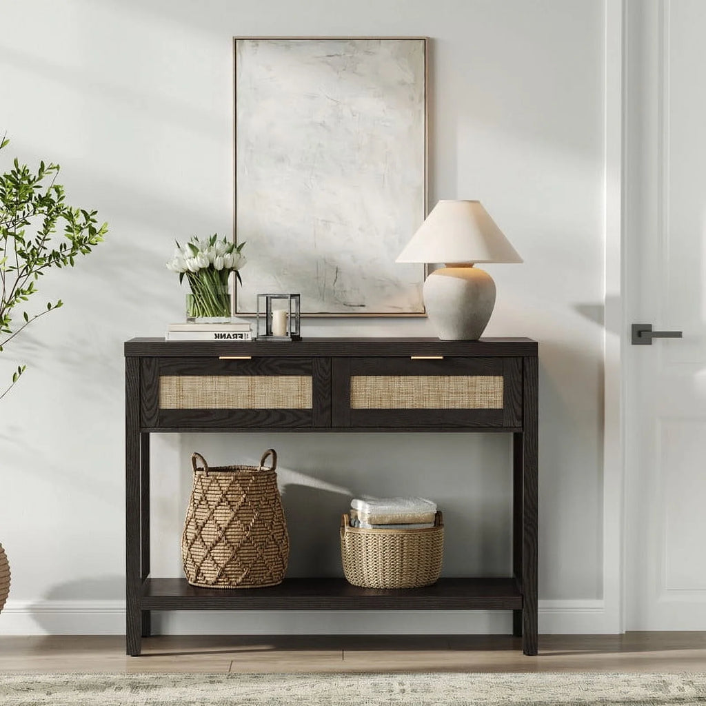 Console Table Set of 2 with 2 Rattan Drawers,Boho Wood Entryway Table Hallway Table Sofa Table with Open Storage Shelf for Living Room,Foyer and Corridor,Black Oak