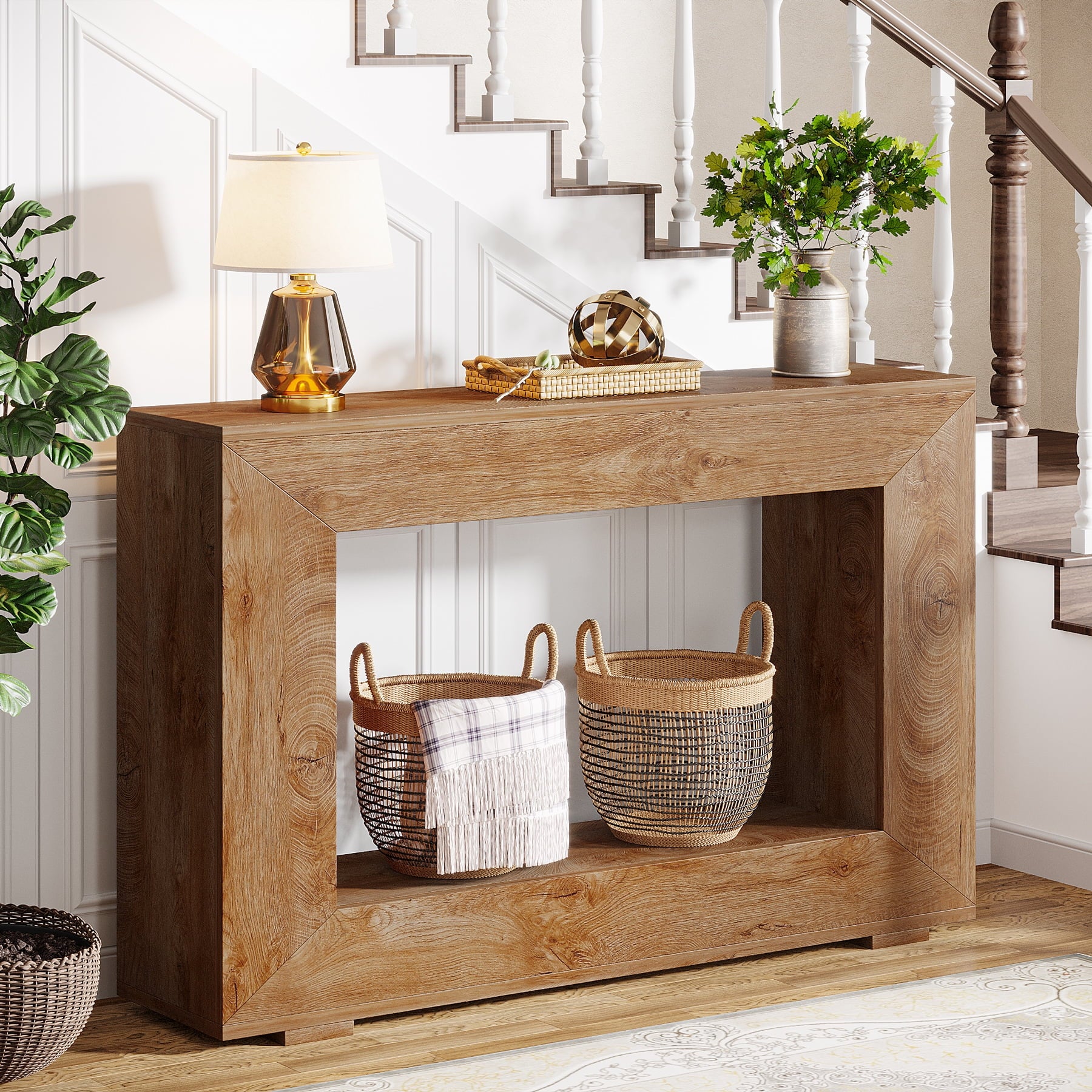 Farmhouse Console Table, 47-Inch Wood Storage Entryway Accent Table, Brown