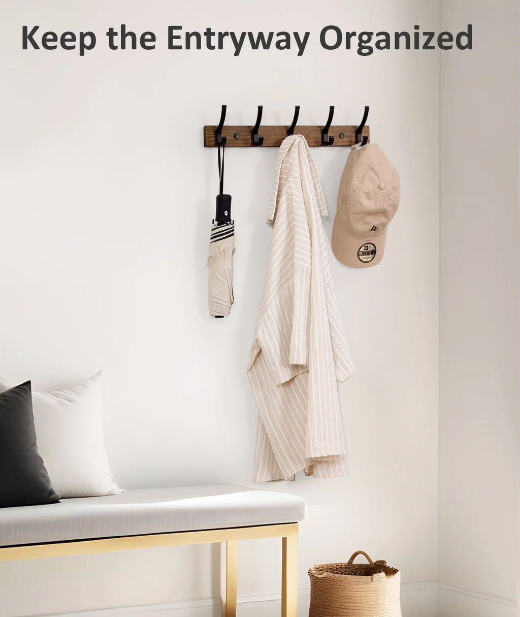 1 Pack Coat Rack Wall Mount, Wood Wall Hooks for Hanging, Wooden Coat Hooks Wall Mount, Entryway Hat Rack Wall Hanger Hooks for Hanging Coat Bag and Towel