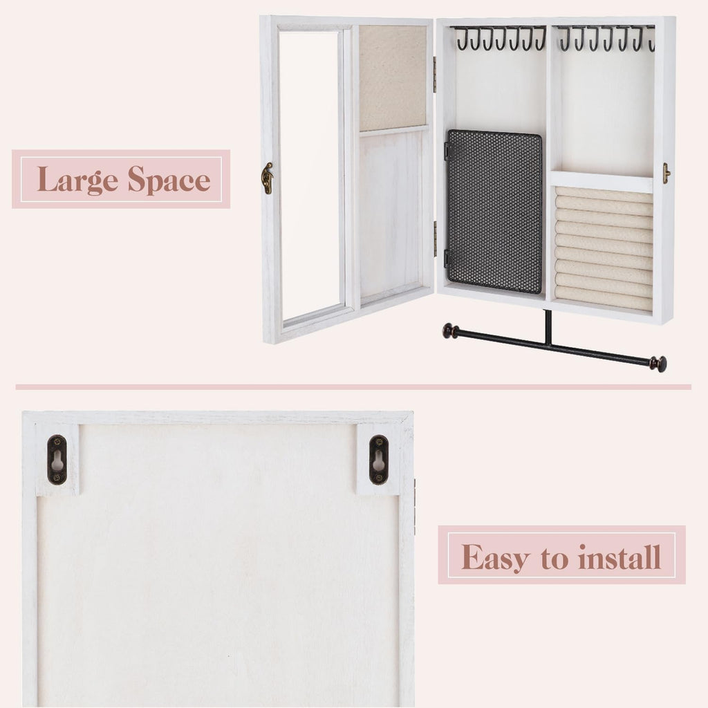 Wall Mounted Jewelry Organizer with Rustic Wood Large Space Jewelry Cabinet, Holder, Storage Box for Necklaces, Earrings, Bracelets, Ring Holder, and Accessories White